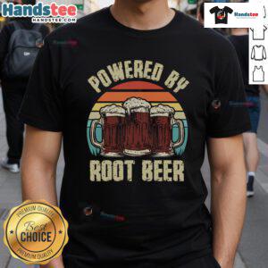 Funny retro vintage sunset T-shirt featuring 'Powered By Root Beer' soda drink graphic with playful typography.