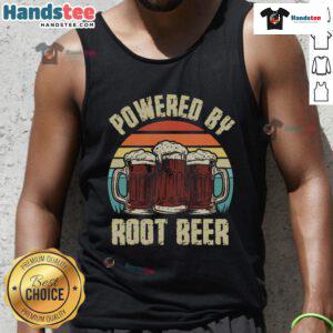 Funny Powered by Root Beer tank top with retro sunset design, perfect for soda lovers and vintage fashion enthusiasts.