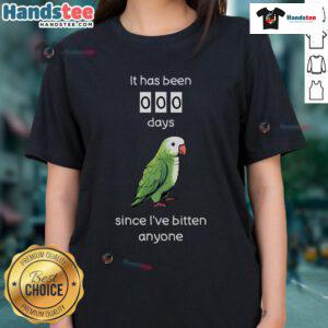 Alt Text: Funny Quaker parrot biting a ladies tee design, showcasing a playful and humorous pet-themed graphic.