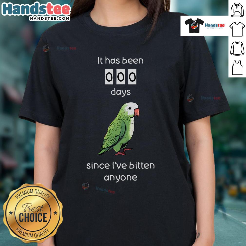 Alt Text: Funny Quaker parrot biting a ladies tee design, showcasing a playful and humorous pet-themed graphic.