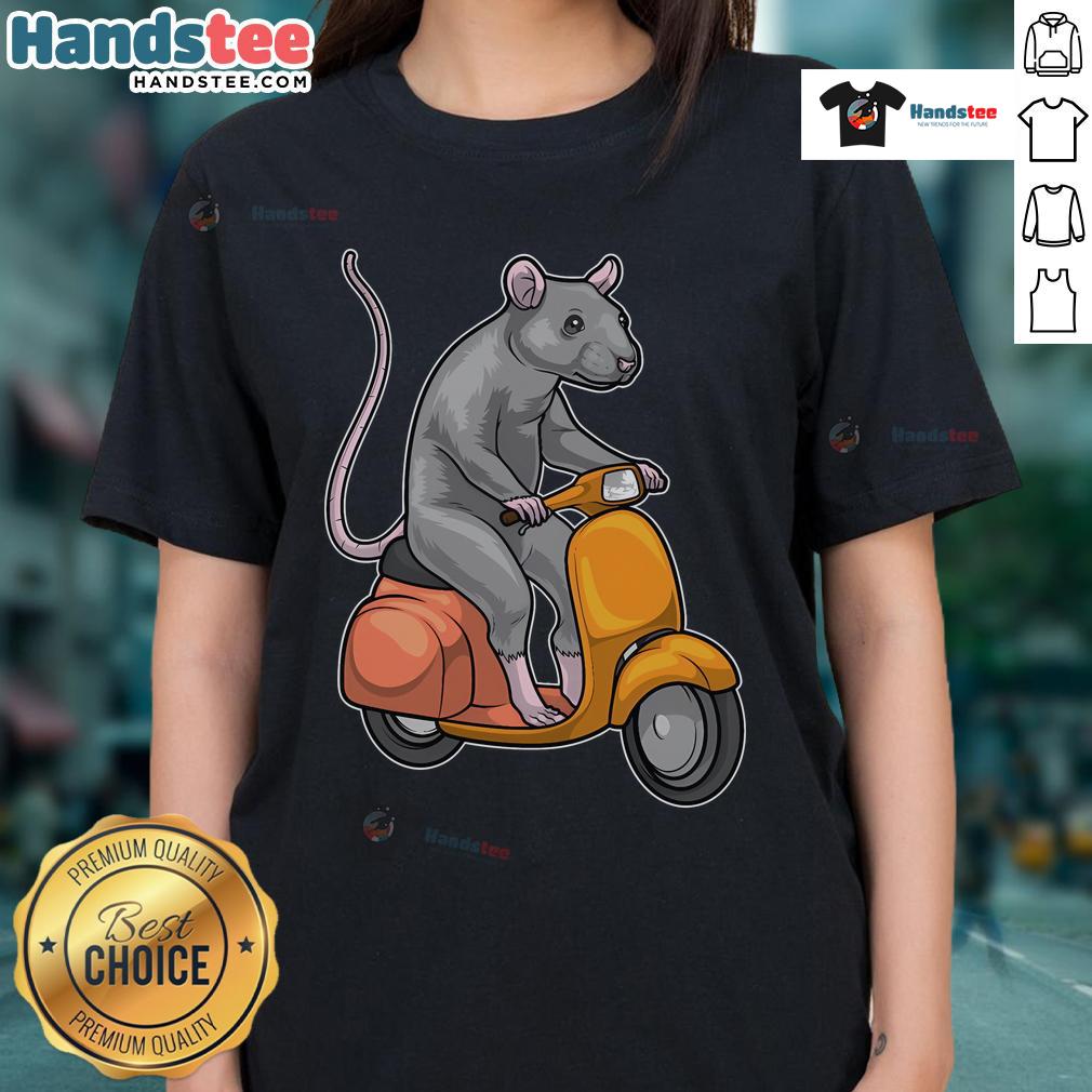 Funny Rat Scooter Ladies Tee featuring a playful rat riding a scooter, perfect for casual wear and animal lovers.