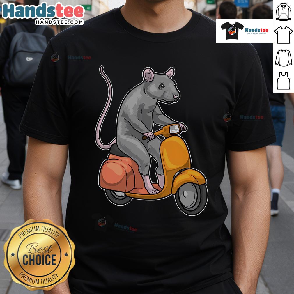Funny Rat Scooter T-Shirt featuring a cartoon rat riding a scooter, perfect for animal lovers and humor enthusiasts.