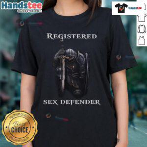 Alt Text: Funny Registered Sex Defender Knight Ladies Tee featuring humorous design and vibrant colors for fun casual wear.