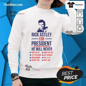 Funny Rick Astley for President sweatshirt featuring 'Never Gonna Give You Up' design, perfect for fans and humor lovers.
