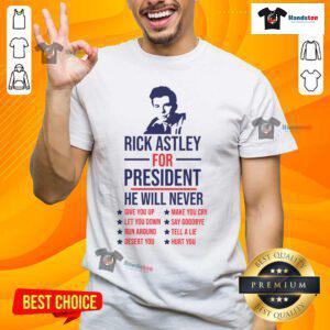 Alt Text: Funny Rick Astley For President T-Shirt featuring 'Never Gonna Give You Up' design, perfect for music lovers.