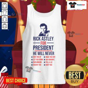 Funny Rick Astley for President tank top featuring 'Never Gonna Give You Up' graphic design in vibrant colors.