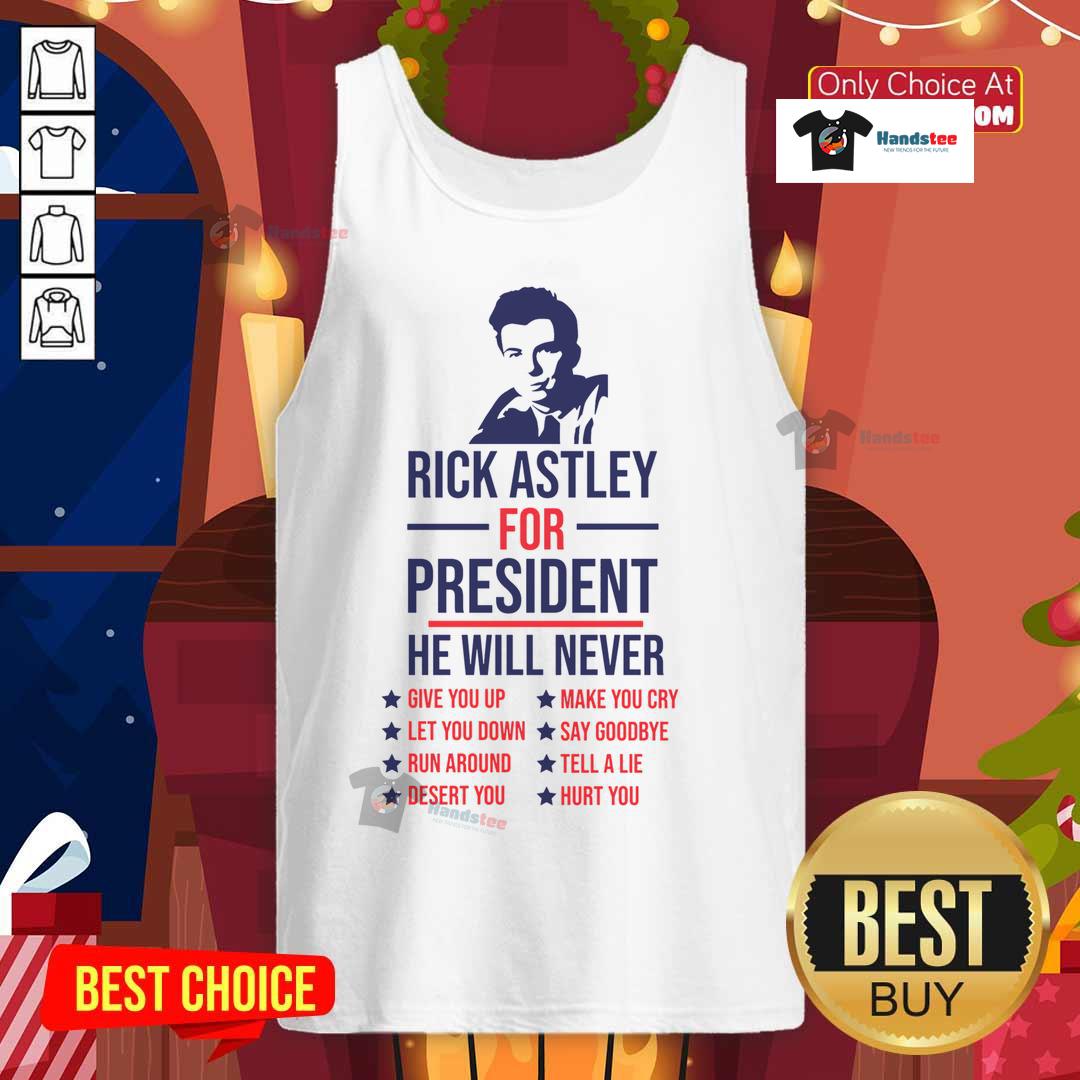 Funny Rick Astley for President tank top featuring 'Never Gonna Give You Up' graphic design in vibrant colors.