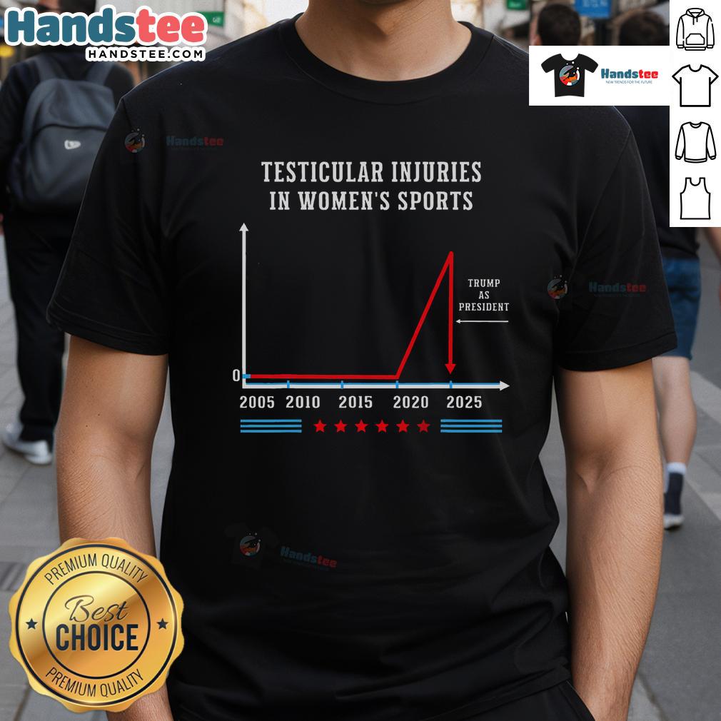 Funny Testicular Injuries In Sports Trump T-Shirt featuring humorous graphics and bold text for sports enthusiasts.