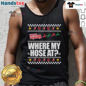 Funny 'Where My Hose At' fireman ugly Christmas tank top, perfect for festive parties and holiday gatherings.