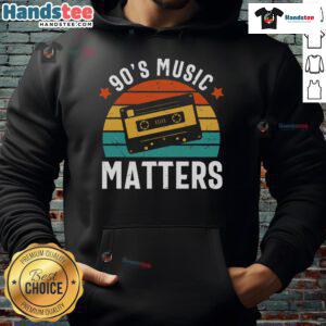 Vintage sunset hoodie featuring 'Good 90s Music Matters' design, perfect for nostalgic music lovers and retro fashion enthusiasts.