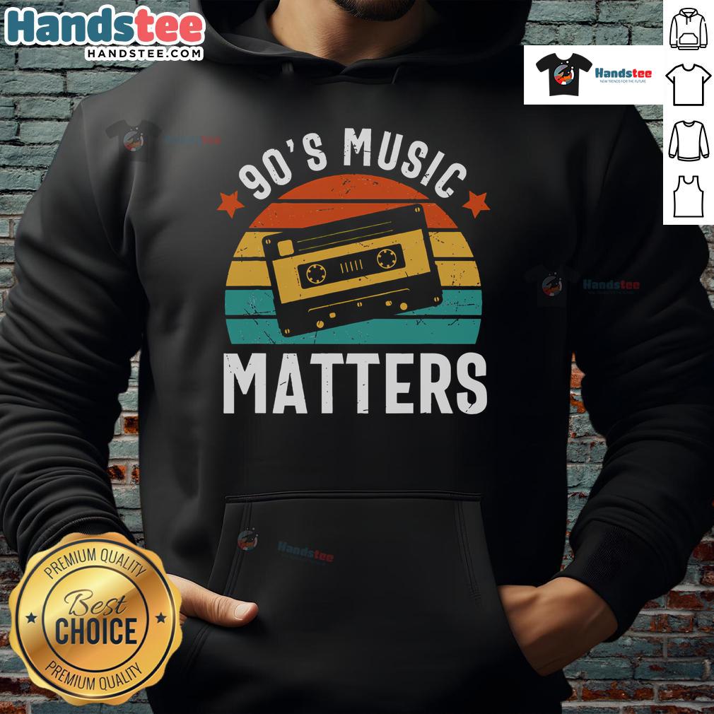 Vintage sunset hoodie featuring 'Good 90s Music Matters' design, perfect for nostalgic music lovers and retro fashion enthusiasts.