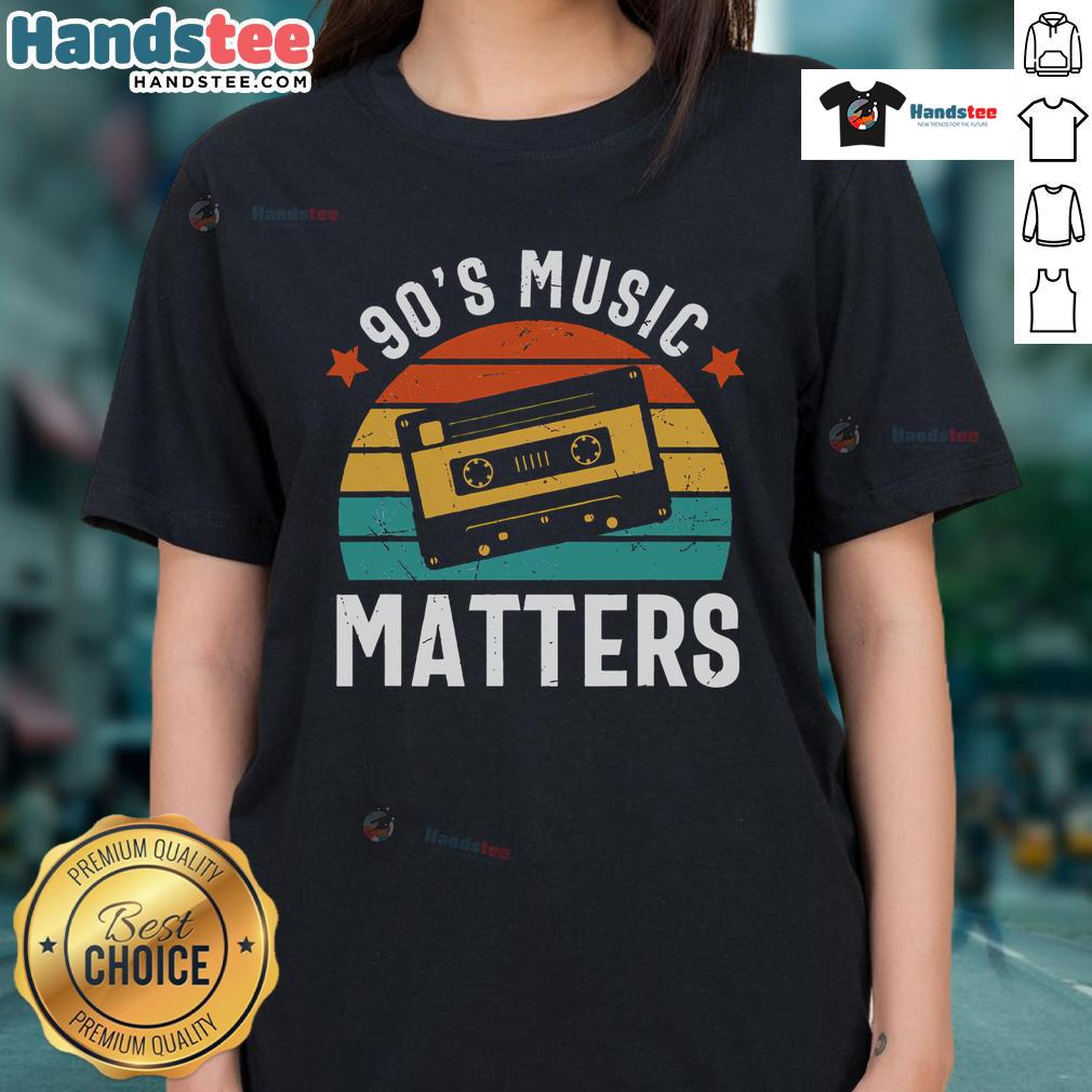 Vintage sunset ladies tee featuring 'Good 90s Music Matters' design, perfect for retro music lovers and fashion enthusiasts.