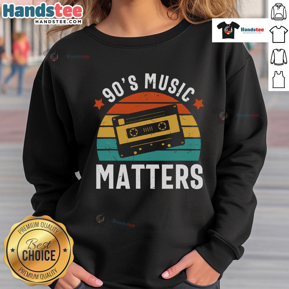 Vintage sunset sweatshirt featuring 'Good 90s Music Matters' design, perfect for retro fashion lovers.
