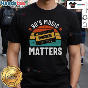Good 90's Music Matters vintage sunset t-shirt featuring retro graphics and vibrant colors, perfect for music lovers.