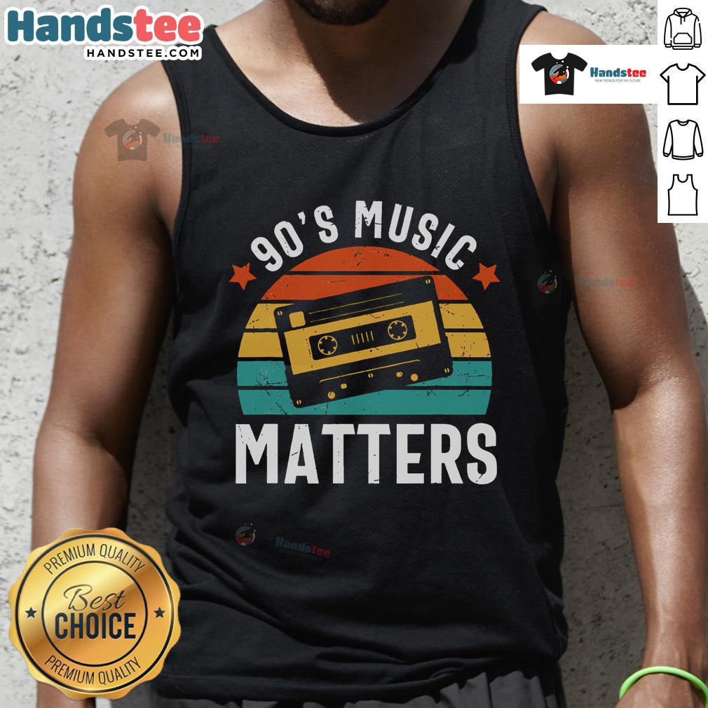 Vintage sunset tank top featuring 'Good 90s Music Matters' design, perfect for nostalgic music lovers.