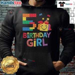 5-year-old girl in a hoodie celebrating her 5th birthday with colorful brick blocks, inspired by Good Master Builder.
