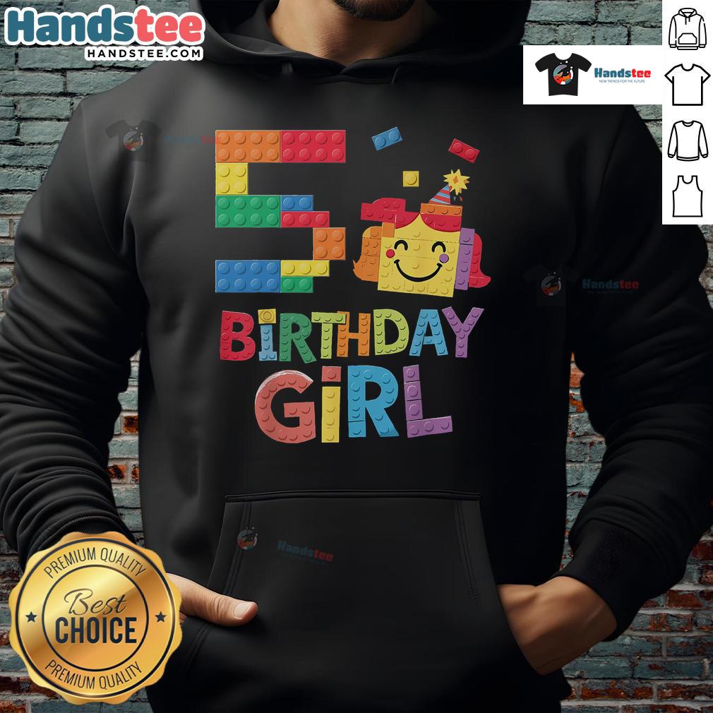 5-year-old girl in a hoodie celebrating her 5th birthday with colorful brick blocks, inspired by Good Master Builder.