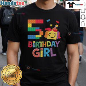 5th birthday girl wearing a 'Good Master Builder' T-shirt with colorful brick blocks design for kids celebrating 5 years old.