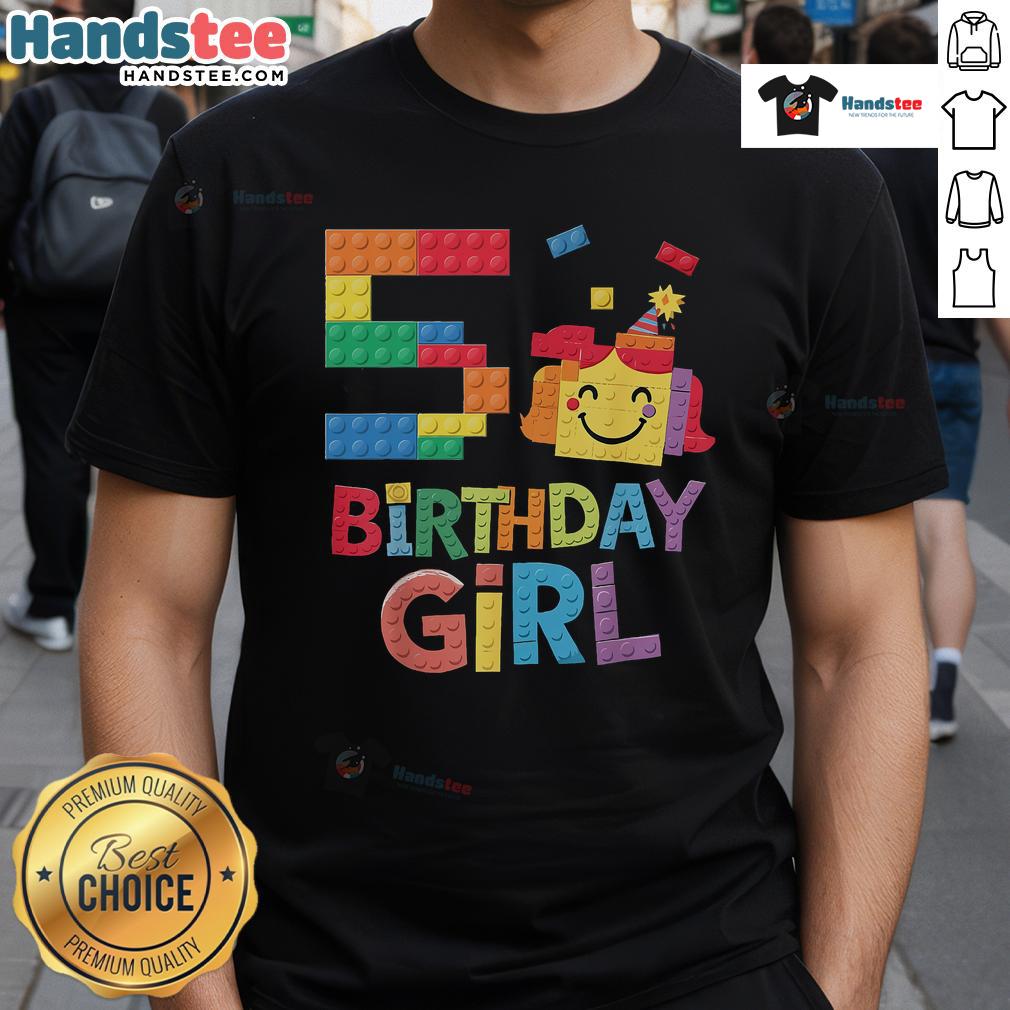 5th birthday girl wearing a 'Good Master Builder' T-shirt with colorful brick blocks design for kids celebrating 5 years old.