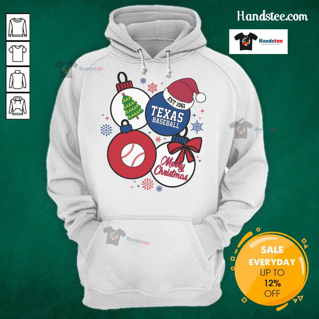 Good Merry Christmas Texas Baseball Est 1961 hoodie featuring festive design and baseball graphics for holiday cheer.