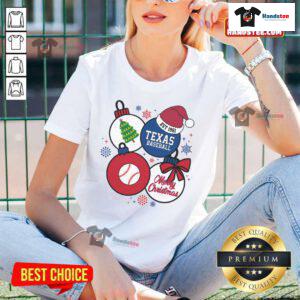 Good Merry Christmas Texas Baseball Est 1961 Ladies Tee featuring festive design, perfect for holiday celebrations.