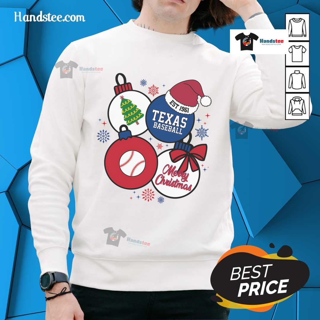 Good Merry Christmas Texas Baseball Est 1961 Sweatshirt featuring festive design and baseball graphics for holiday cheer.
