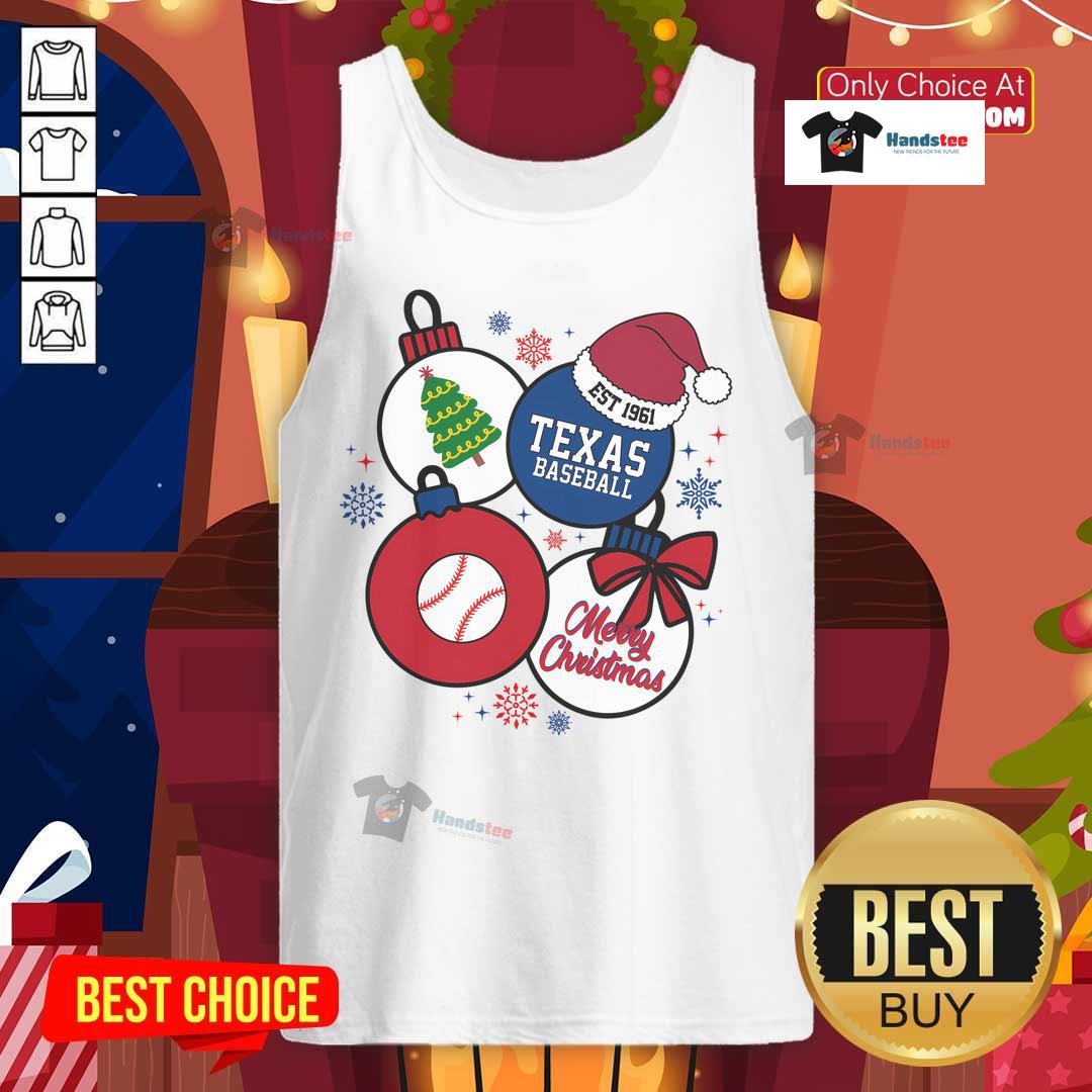 Good Merry Christmas Texas Baseball Est 1961 tank top featuring festive design for baseball fans celebrating the holidays.