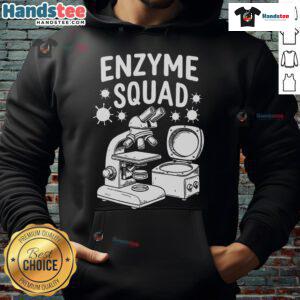 Biochemist wearing a 'Good Molecular Squad' hoodie in a lab, showcasing research on enzymes and molecular biology.