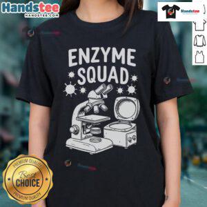 Biochemist ladies wearing 'Good Molecular Squad' tees, showcasing enzyme research in a lab setting.