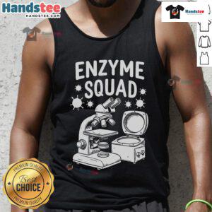 Biochemist wearing a 'Good Molecular Squad' tank top in a lab, researching enzymes for scientific breakthroughs.