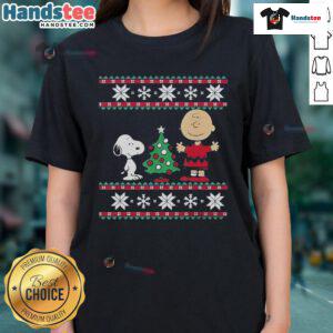 Good Snoopy Peanuts Charlie Christmas Tree 2024 Ladies Tee featuring a festive design with Snoopy and holiday elements.