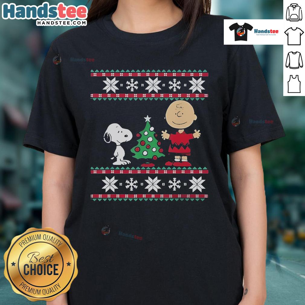 Good Snoopy Peanuts Charlie Christmas Tree 2024 Ladies Tee featuring a festive design with Snoopy and holiday elements.