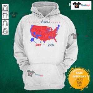 Hot 2024 Electoral Map hoodie featuring Trump with 312 red states, showcasing 2024 election results.