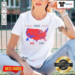 2024 Electoral Map showing Trump with 312 electoral votes in red, featured on a ladies tee for election results.