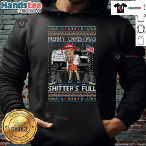Hot Donald Trump garbage truck hoodie with 'Merry Christmas, Shitters Full' design, perfect for festive humor lovers.