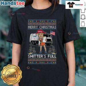 Hot Donald Trump Garbage Truck Merry Christmas Shitters Full Ladies Tee featuring a humorous graphic design.