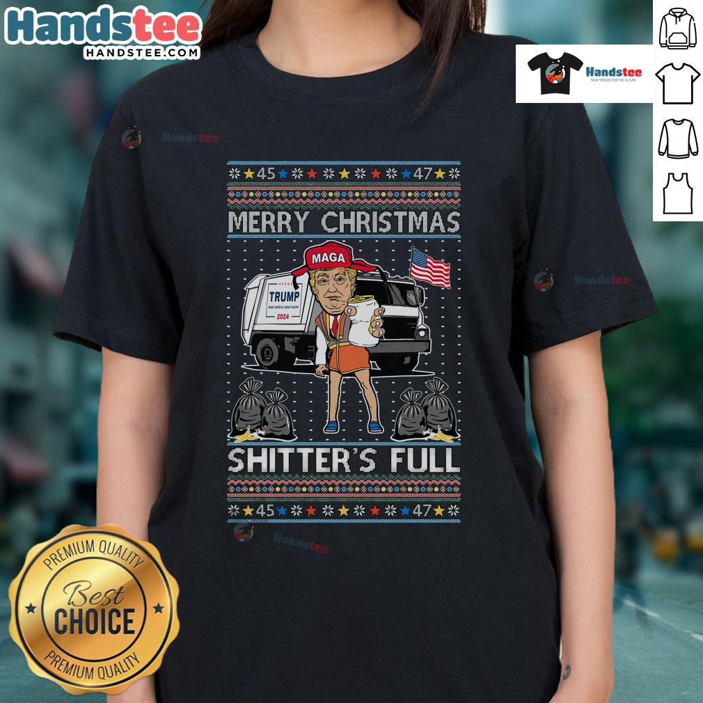 Hot Donald Trump Garbage Truck Merry Christmas Shitters Full Ladies Tee featuring a humorous graphic design.