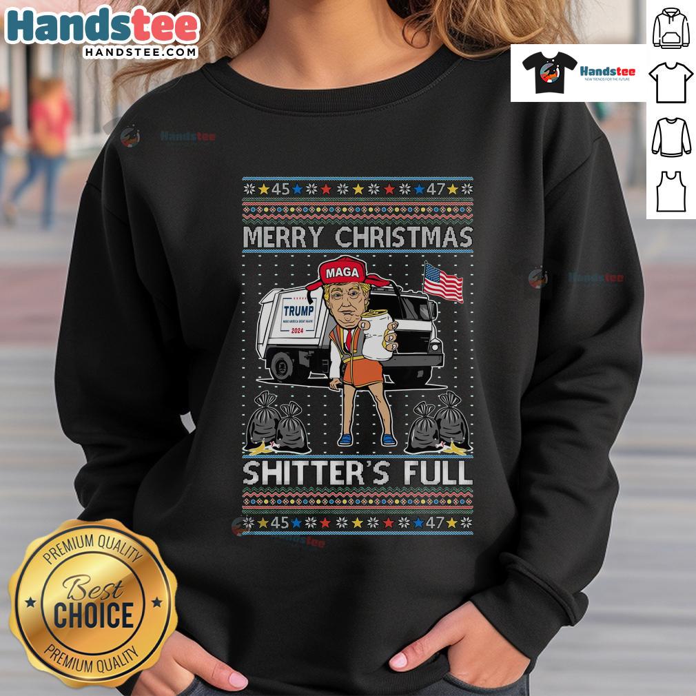 Hot Donald Trump Garbage Truck Merry Christmas Shitters Full Sweatshirt featuring a humorous design for holiday cheer.