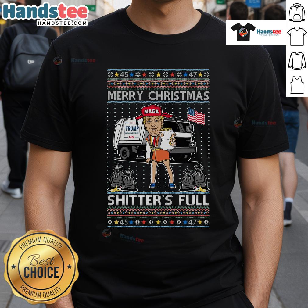 Hot Donald Trump Garbage Truck Merry Christmas Shitter's Full T-Shirt featuring a humorous design for festive fun.