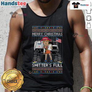 Hot Donald Trump garbage truck tank top design with 'Merry Christmas, Shitters Full' text, perfect for festive humor.