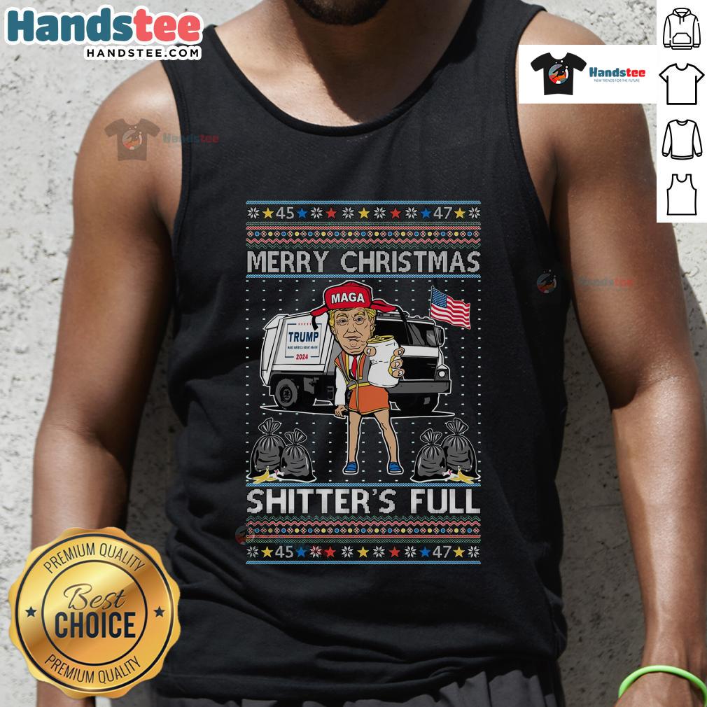 Hot Donald Trump garbage truck tank top design with 'Merry Christmas, Shitters Full' text, perfect for festive humor.