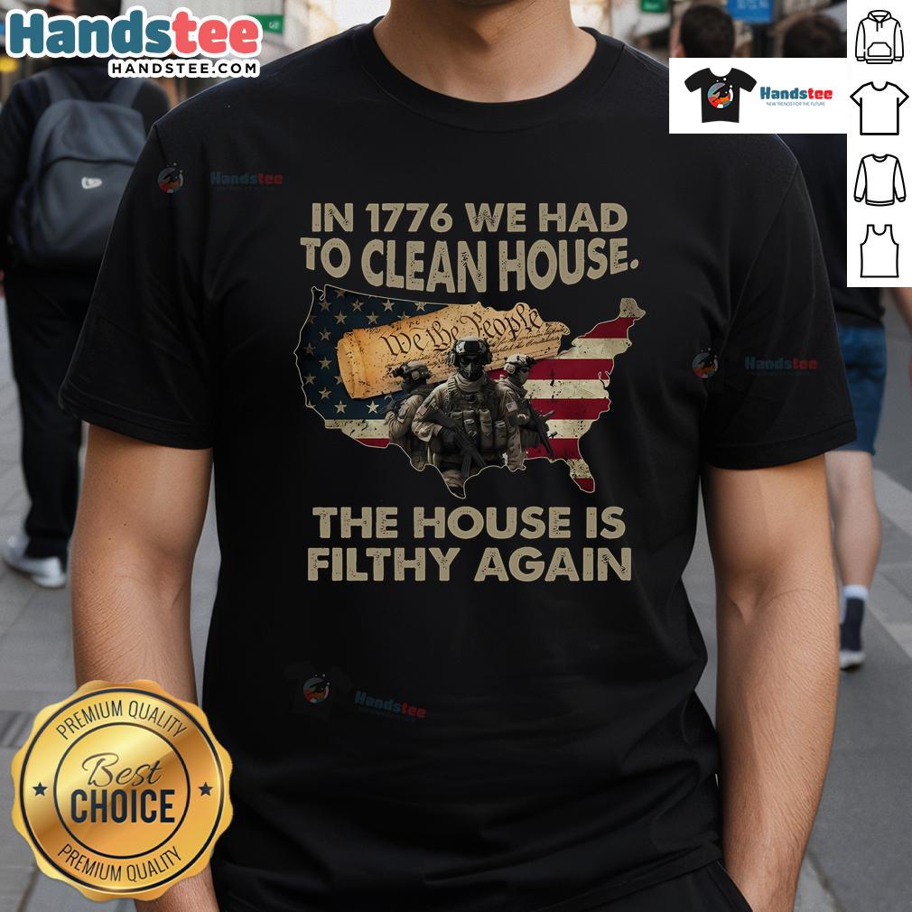 Vintage T-shirt featuring 'Hot In 1776: Clean House, The House Is Filthy Again' design, perfect for history and humor lovers.