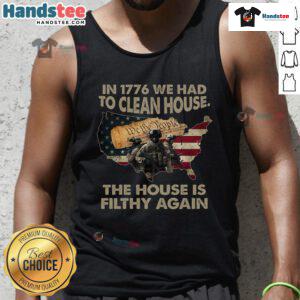 Vintage tank top featuring 'Hot in 1776, We Had to Clean House' slogan, perfect for casual wear and history enthusiasts.