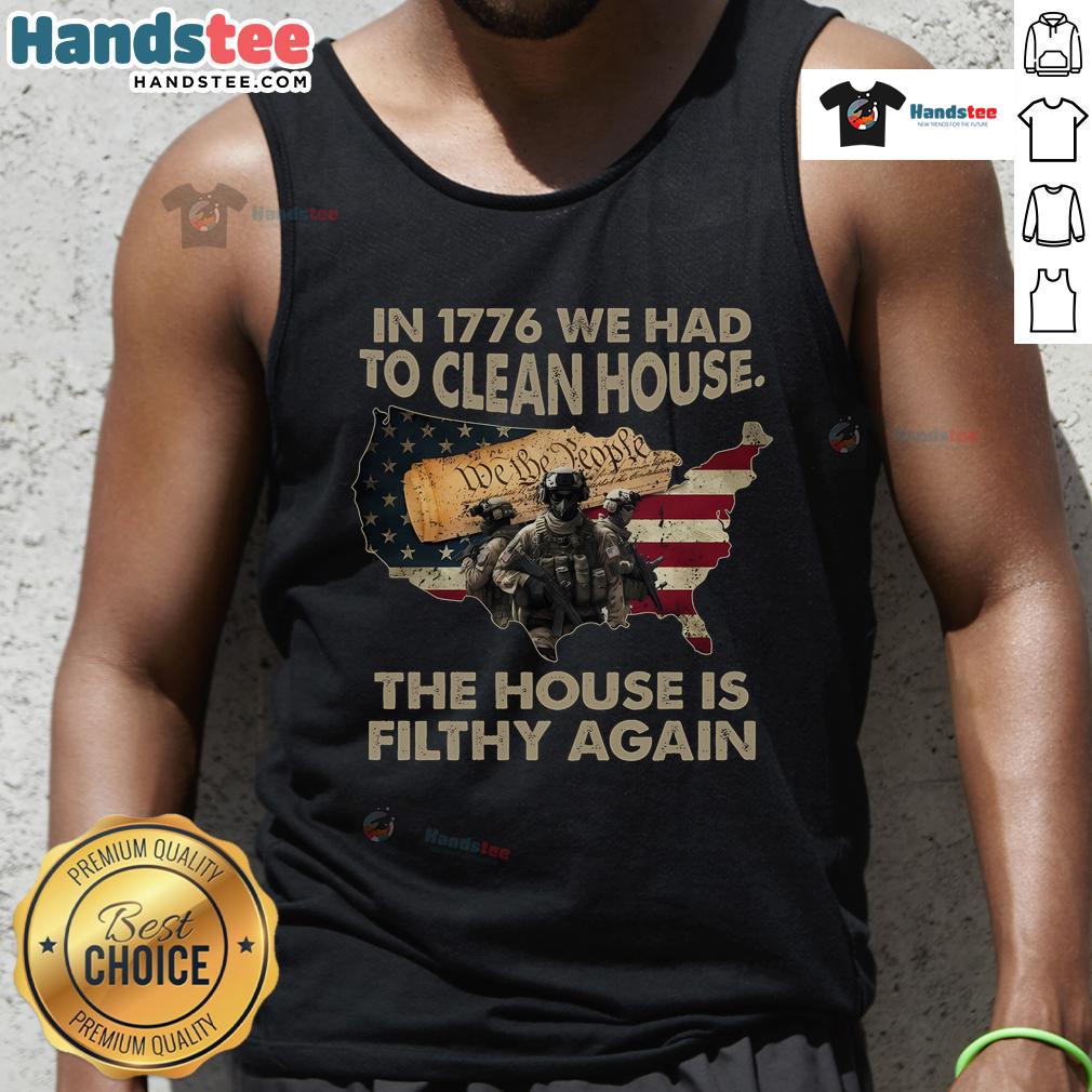 Vintage tank top featuring 'Hot in 1776, We Had to Clean House' slogan, perfect for casual wear and history enthusiasts.