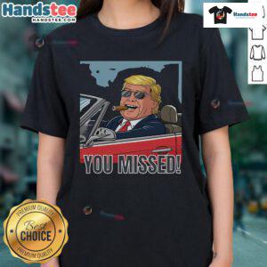 Hot Trump victory in a convertible, smoking a cigar, featured on a ladies' tee for stylish political fans.