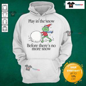 Child playing joyfully in the snow wearing a 'Nice Play In The Snow' hoodie, capturing winter fun before it melts.