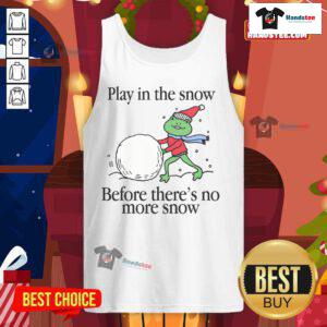 Child playing joyfully in the snow wearing a 'Nice Play In The Snow' tank top before the winter season ends.