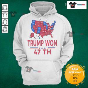 Official ballot map hoodie celebrating Trump as 47th President, featuring bold graphics and patriotic colors.