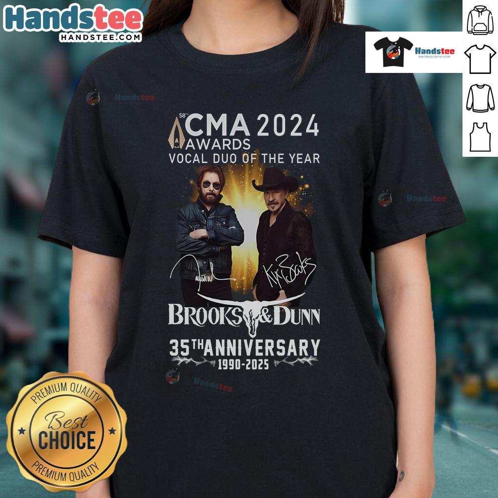 Official CMA 2024 Awards Vocal Duo of the Year Brooks & Dunn 35th Anniversary Ladies Tee showcasing country music style.