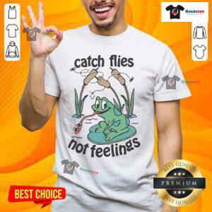 Official Catch Flies Not Feelings Frogs T-Shirt featuring a fun frog design, perfect for casual wear and frog lovers.